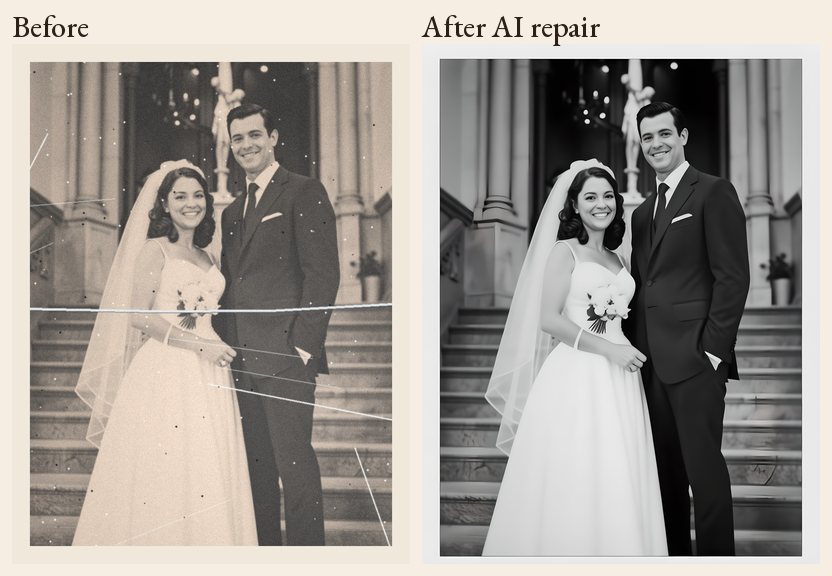 A scratched, creased old wedding photo, and the same photo after AI repair